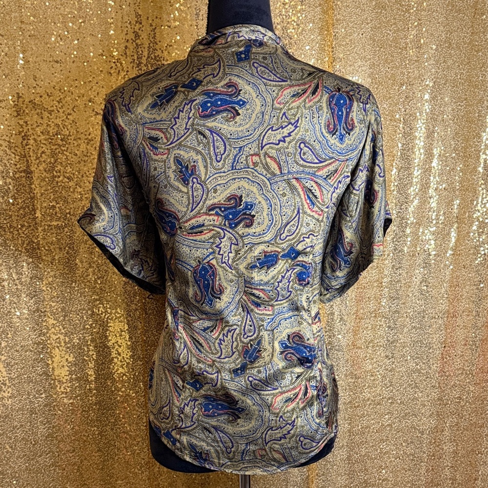 Elegant Paisley Button-Down Shirt in Blue and green 100% SILK!! - Picture 4 of 9